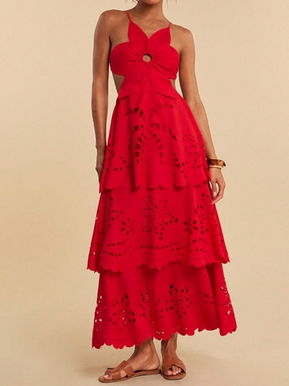 Red Boho Women's Woven Multi-Layer Ruffle Hem Spaghetti Strap Backless Dress - Picture 5 of 7